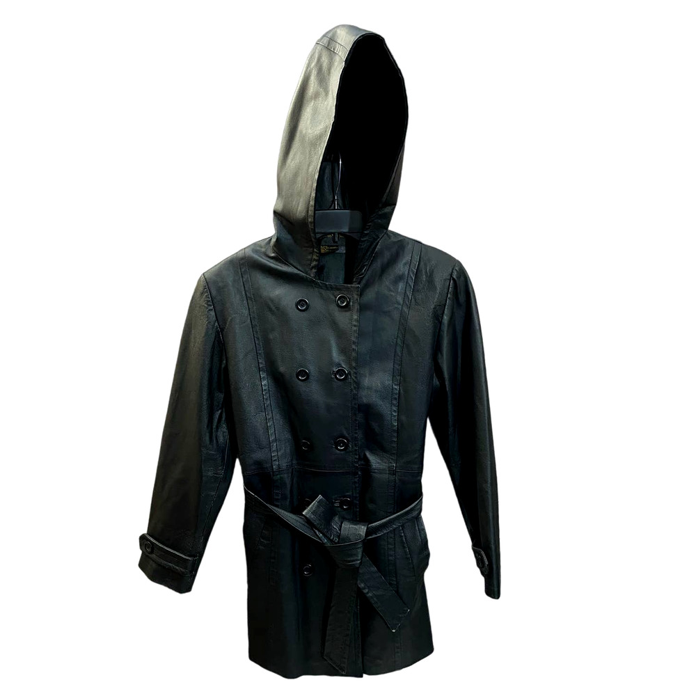 Giorgio Sant Angelo Womens Leather Jacket Small Black Hooded Coat with Belt